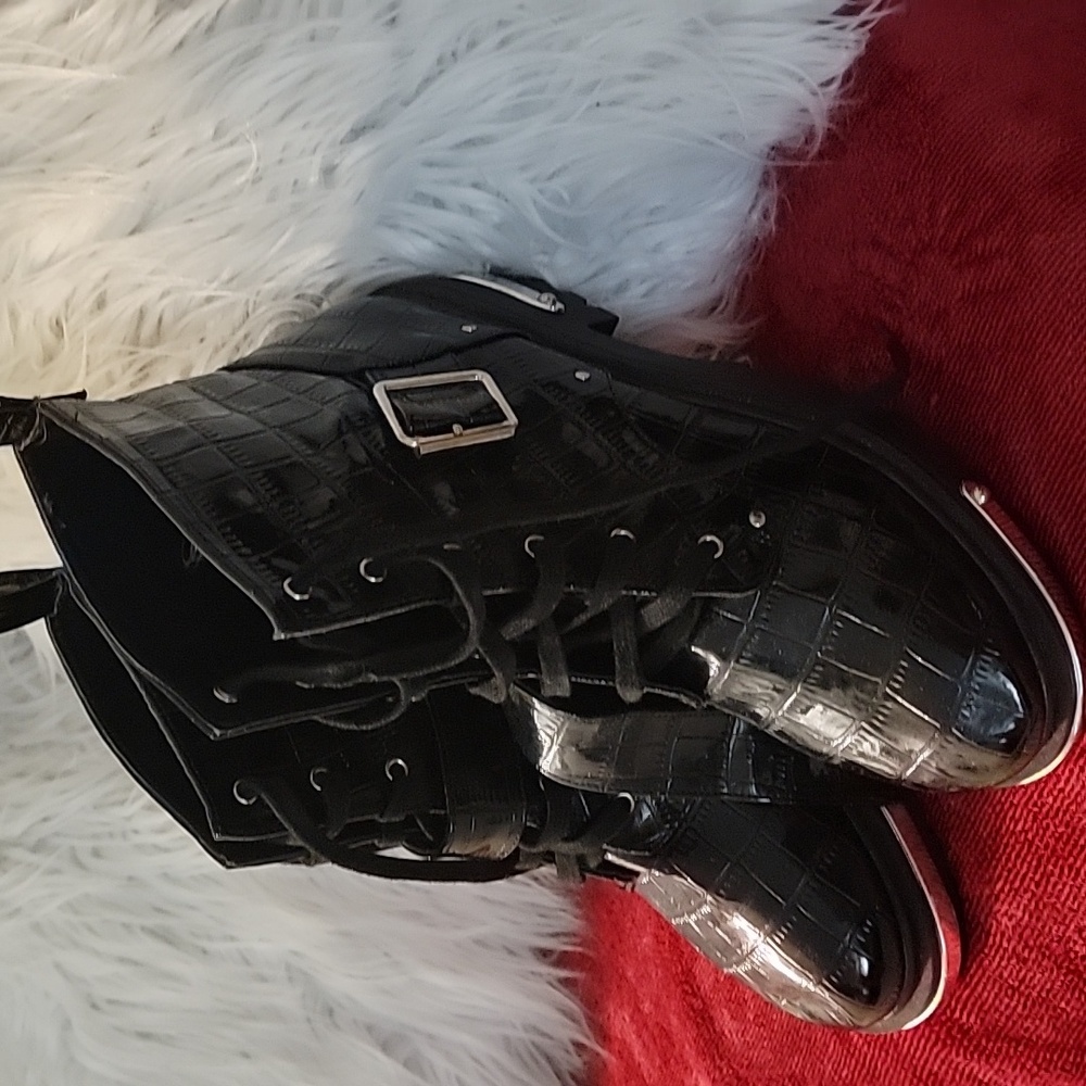 Glossy Black Croc-Embossed Boots